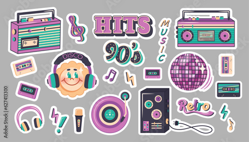 Set of trendy stickers in retro style of 90s, 80s, 70s. Hand drawn music label templates, cartoon character sun, text. Vector illustration for nostalgia party, advertising, poster