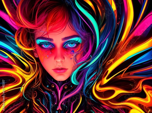 portrait of a woman with colored abstract hair  abstract colored portrait of a woman  portrait of a woman with colorful makeup  abstract Ultra HD colors  exotic colors
