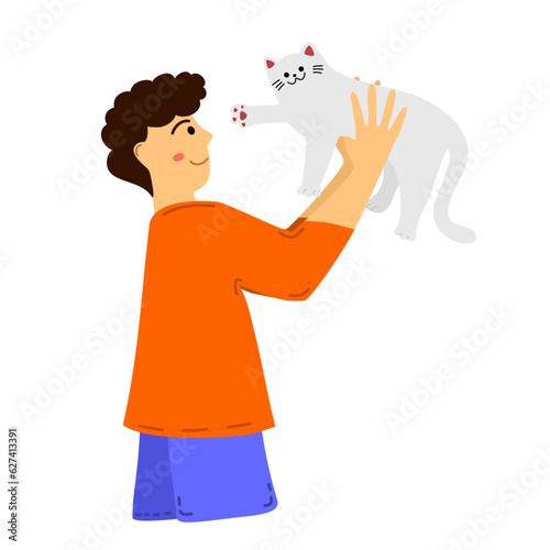 cute man is  raising cute white cat over his head  ,vector illustration