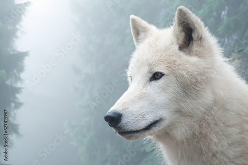 White wolf on the background of the mystical forest.