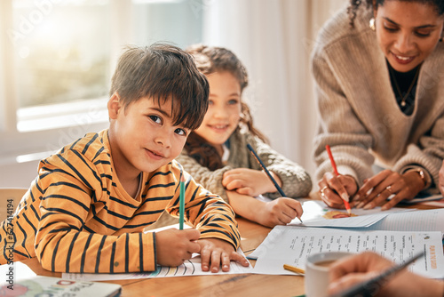 Family home, children and homework with learning, portrait and mom for writing in notebook. Mother, smile and kids with paper, pencil and drawing in morning at house with help, reading or development