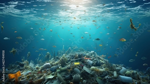 Ocean pollution concept. Ocean pollution with plastic waste. Sea beach with ecological garbage. The global problem of the death of marine plants and animals. Made With Generative AI.
