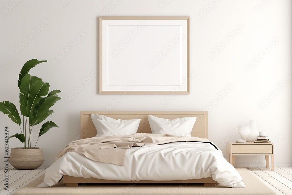 Contemporary Cool: Blank Mockup Frame in a Stylish Scandinavian Bed Room