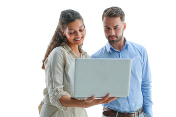 Modern business people are working using laptop and smiling while standing on a transparent background