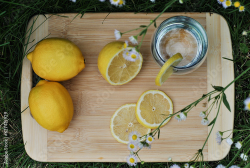 Wallpaper Mural The glass of water with a slice of lemon on the top on a cutting board with lemons. Detox water with lemon. Refreshing summer drink. Wellness, diet, healthy eating concept. Fresh homemade lemonade. Torontodigital.ca