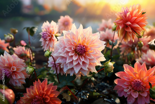 Beautiful Dahlia ‘Café au Lait’ flowers in rainy garden