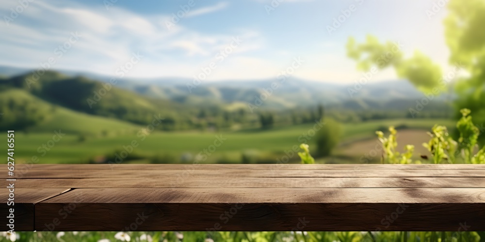 Empty wood table top with on blurred green vineyard landscape background in spring