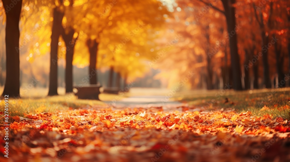 Beautiful autumn landscape with. Colorful foliage in the park. Falling leaves natural background Generative AI