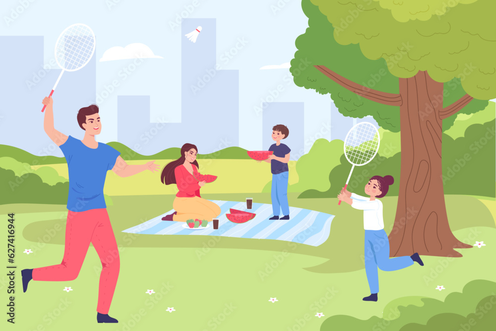 Family playing badminton and having picnic vector illustration. Cartoon drawing of mother, father, son and daughter relaxing in park. Family, outdoor activity, relaxation concept