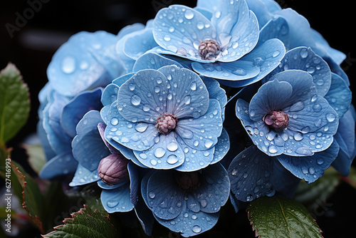 Droplets Hydrangea flower, macro closeup.