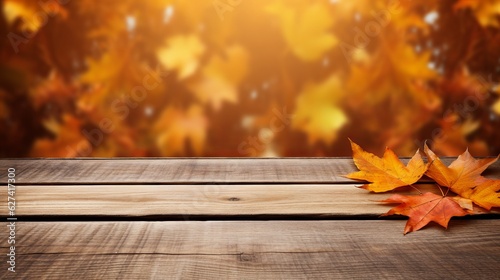 Wooden table with orange leaves autumn background Generative AI