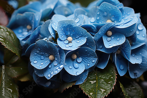 Sunny Blue hydrangea flower with water drops,  closeup.