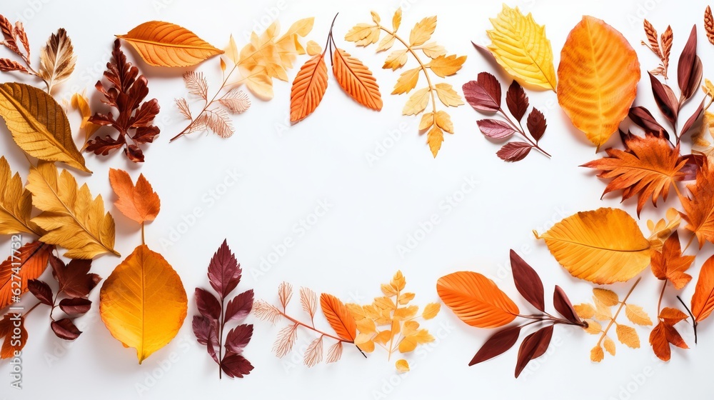 Autumn composition. Frame made of autumn dried leaves on white background. Flat lay, top view, copy space Generative AI Autumn composition. Frame made of autumn dried leaves on white background. Flat lay, top view, copy space Generative AI