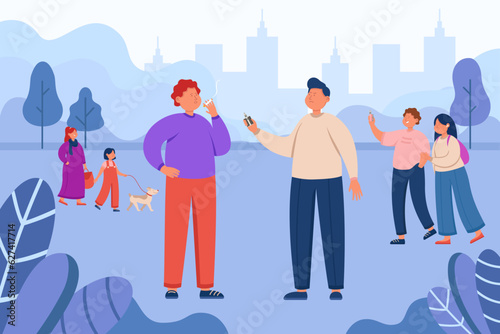 Man giving e-cigarette to smoking friend vector illustration. Cartoon drawing of angry man with electronic cigarette in park. Smoking, vaping, addiction, bad habits, health concept
