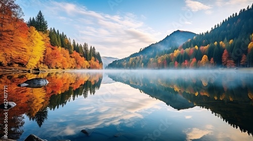 Autumn forest reflected in water. Colorful autumn morning in the mountains. Colourful autumn morning in mountain lake Generative AI