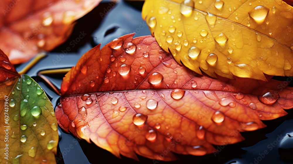 autumn leaves with water drops Generative AI