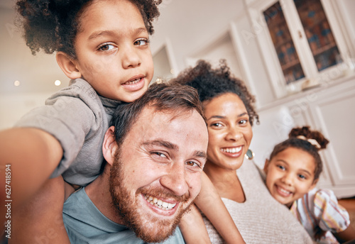 Selfie  smile and piggyback with a blended family in their home together for love  fun or bonding closeup. Portrait  happy or support with parents and kids posing for a playful photograph in a house