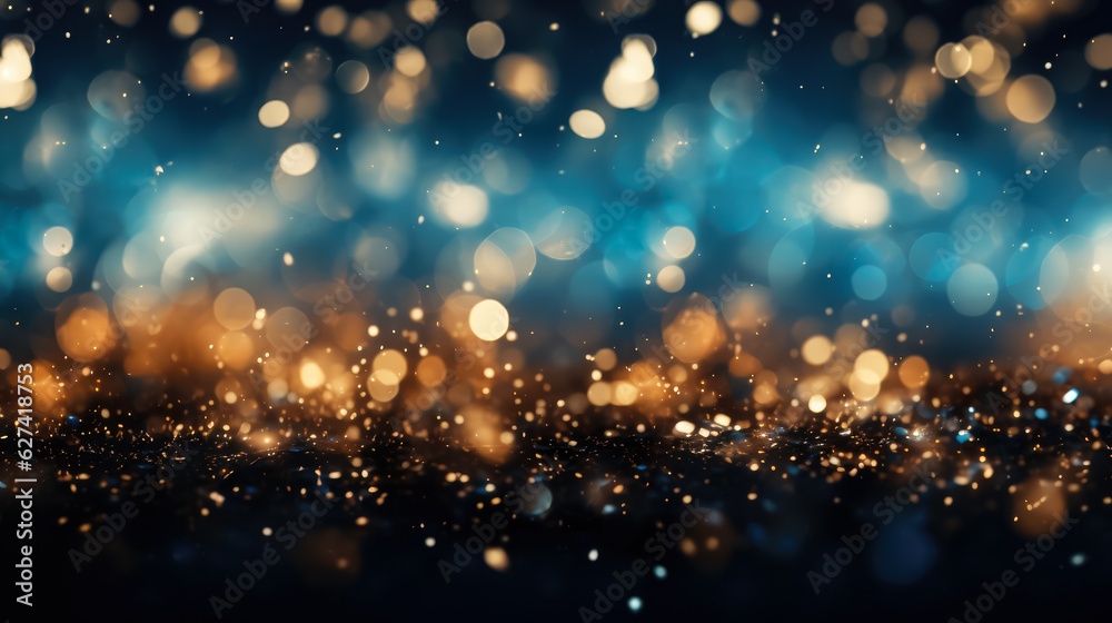 Abstract gold; black and blue glitter background with fireworks christmas eve 