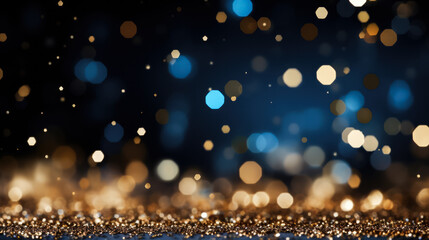 Abstract gold; black and blue glitter background with fireworks christmas eve 