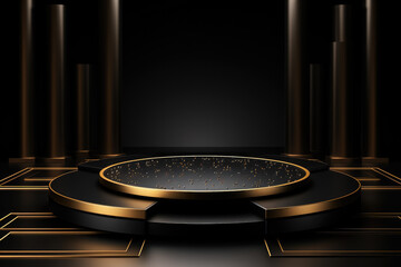 Black friday banner background with a podium platform; black and gold stuff on a dark scene for product stand 