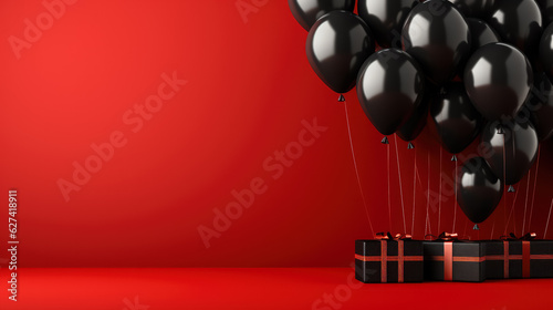 Stampa su tela Black friday sale banner with dark shiny balloons on red background with place f