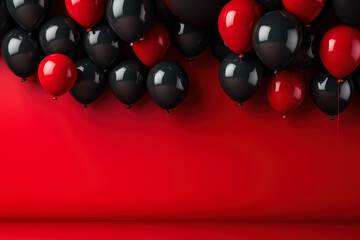 Black friday sale banner with dark shiny balloons on red background with place for text 