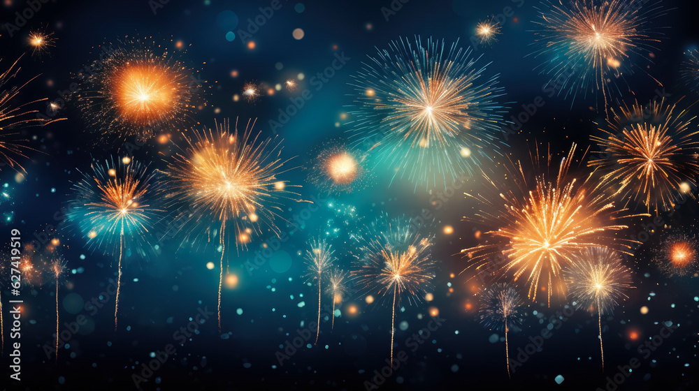 Fireworks; colorful fireworks on dark blue background with sparks 