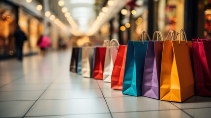 Friends with shopping bags in shopping mall background with empty space for text; photorealism 