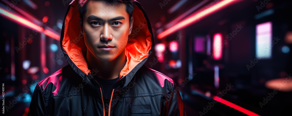 Portrait of a young asian male in neon on a dark studio background; cyber monday concept; background with empty space for text 