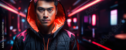 Portrait of a young asian male in neon on a dark studio background; cyber monday concept; background with empty space for text 