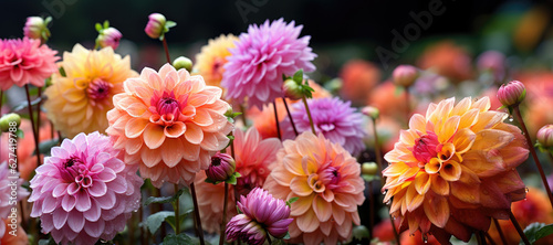 Colorful Dahlia flowers with rain drops, in rustic garden in sunset sunlight background. Banner. Panoramic. © AI Exclusive 