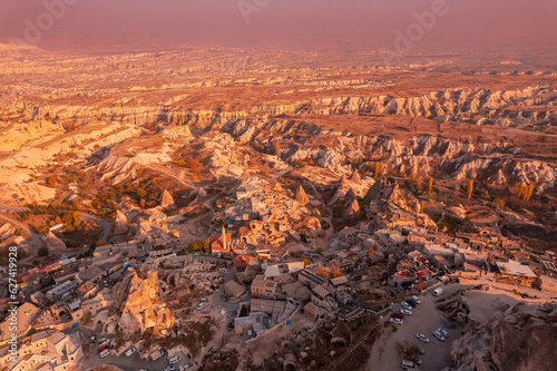 Aerial top view from drone Uchisar castle at sunset Cappadocia Turkey