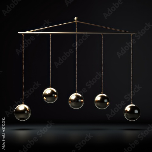 Balancing balls, Newtons cradle against black background, banner. 
