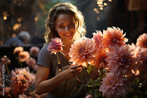 Fototapeta Naklejka Na Ścianę i Meble -  Smiling gardener  woman with many Dahlia flowers outdoor. Dahlia flowers in full bloom with rain drops in rustic garden in sunset light background. 