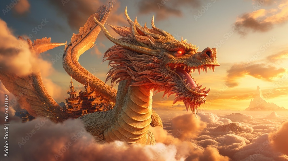 Chinese dragon flying in the sky at dawn. Dragon. Generative Ai