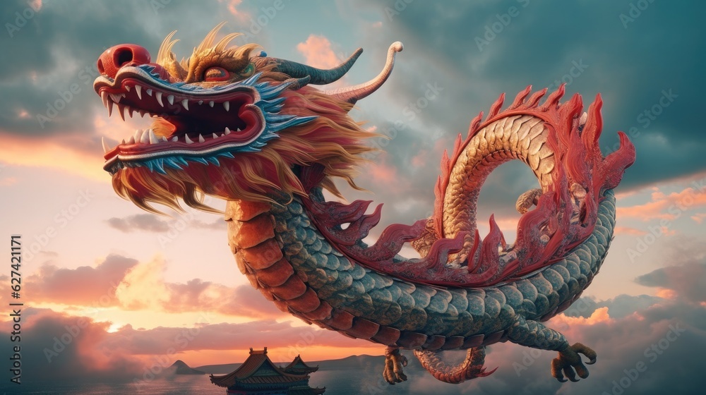 Obraz premium Chinese dragon flying in the sky at dawn. Dragon. Generative Ai