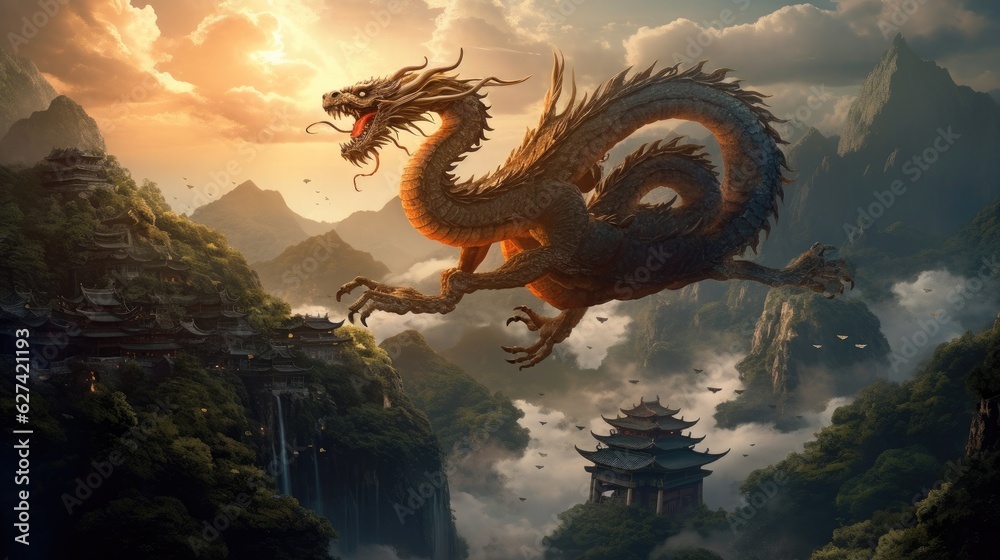 Fototapeta premium Chinese dragon flying over misty mountains at dawn. Dragon. Generative Ai