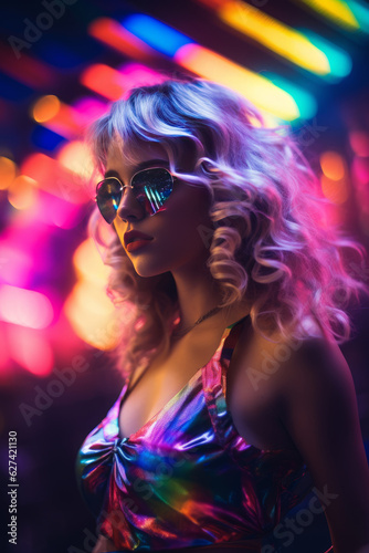 A fashion portrait of a beautiful young woman wearing bright clothes with neon florescent neon lighting. Party girl. Generative AI.