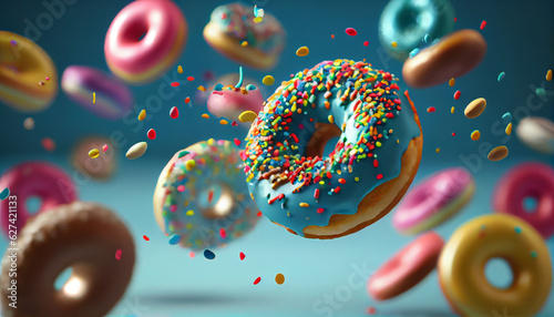 Valokuva Flying donuts. Mix of multicolored doughnuts, Ai generated image