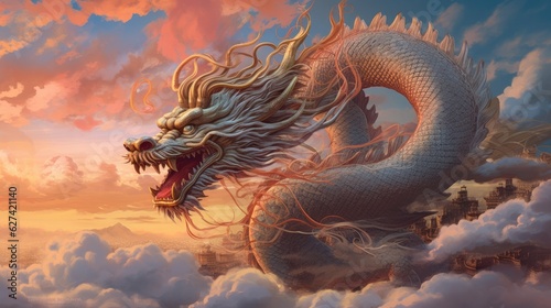 Chinese dragon flying in the sky at dawn. Dragon. Generative Ai