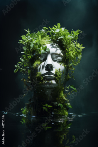 A beautiful male statue covered in lush green foliage emerges from the water. Concept of green ecology and sustainability. Generative AI.