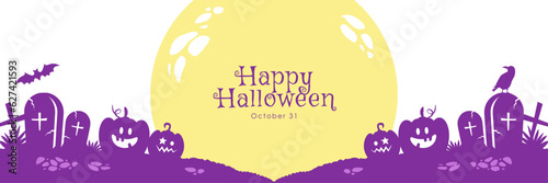 ハロウィンのシンプルなバナー背景 かぼちゃと月のシルエット（白背景）