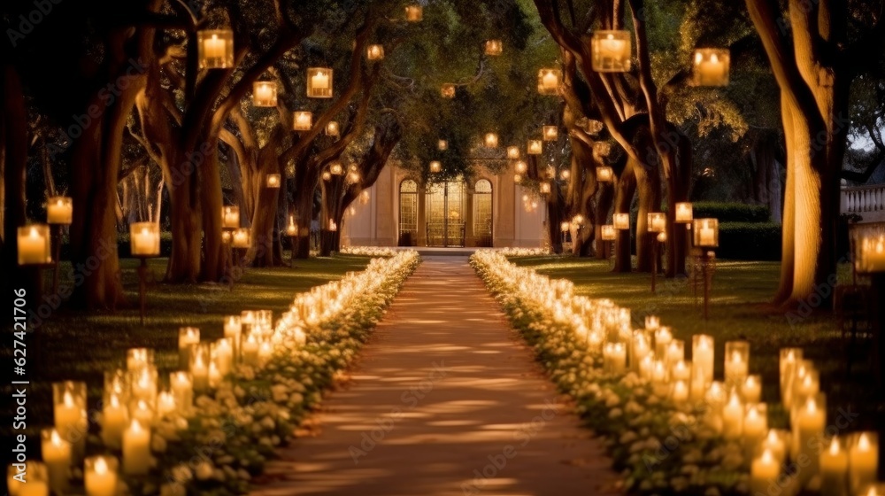 Romantic candlelit pathway. AI generated
