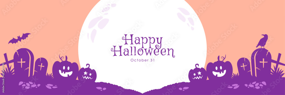 Fototapeta premium ハロウィンのシンプルなバナー背景 かぼちゃと月のシルエット（ピンク）