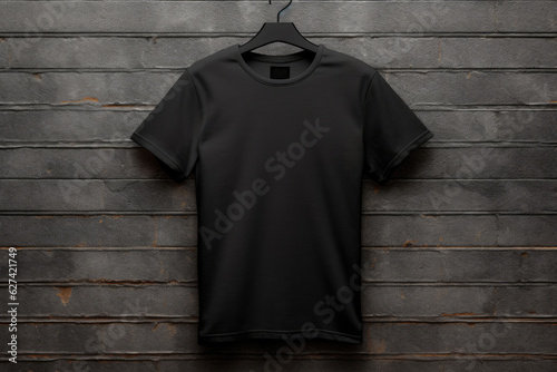 A blank black t-shirt in front of an urban gray wall. T-shirt mockup for presentation.