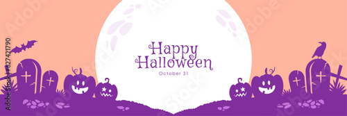ハロウィンのシンプルなバナー背景 かぼちゃと月のシルエット（ピンク）