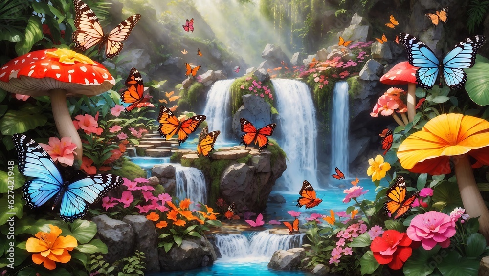 Naklejka premium Beautiful butterfly with colorful flowers and waterfall and colorful mushroom in forest design wallpaper generated by AI