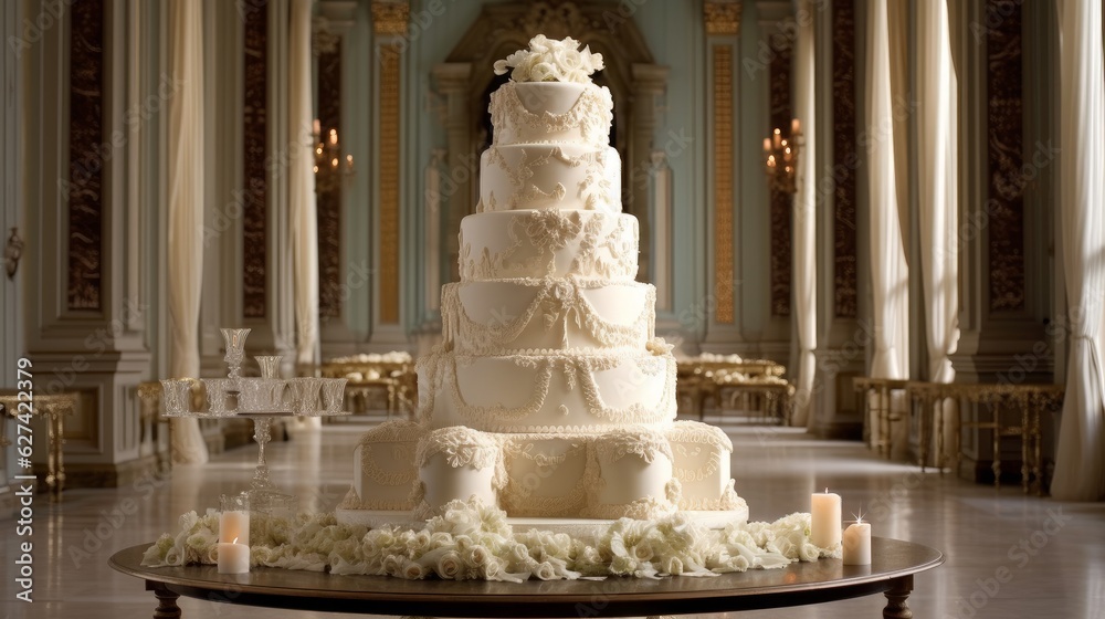 Wedding cake with intricate details and floral accents. AI generated