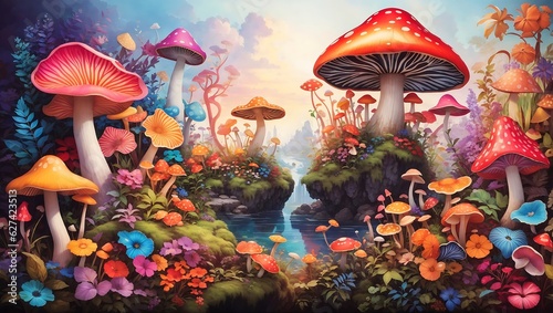 A mesmerizing and highly detailed depiction of a majestic colorful mushroom forest with vibrant flowers design wallpaper generated by AI