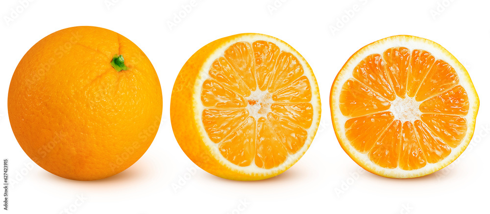 Fototapeta premium Collection of whole and cut oranges on an isolated white background.